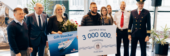 The three millionth passenger arrives at the port of Ventspils with the ferry STENA BALTICA
